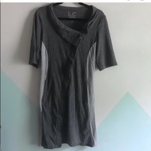 Short sleeve asymmetrical dress with light and dark
gray detail, futurist look!